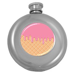 Ice Cream Pink Melting Background With Beige Cone Round Hip Flask (5 Oz) by genx