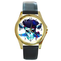 Skull Pirates Symbol Skeleton Round Gold Metal Watch by Sudhe