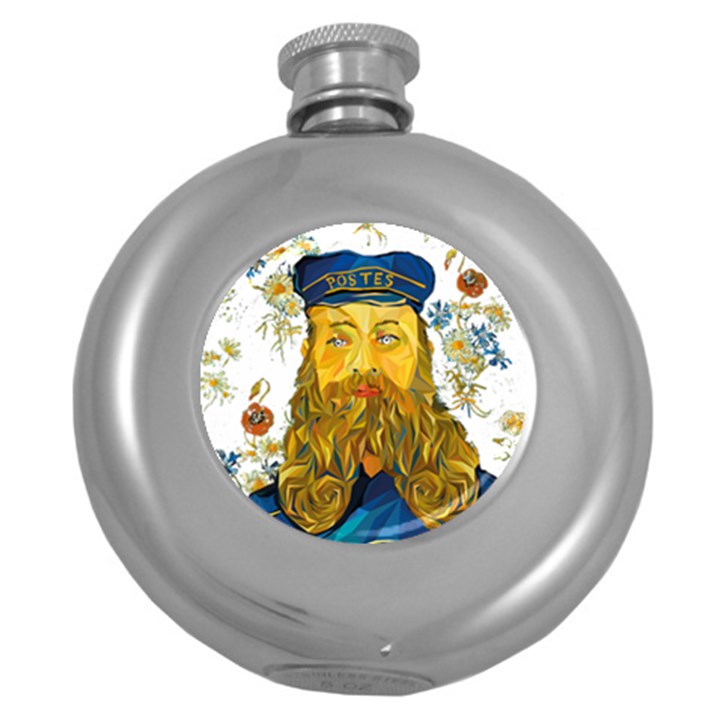 Vincent Van Gogh Cartoon Beard Illustration Bearde Round Hip Flask (5 oz)