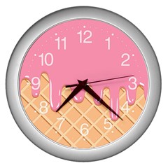 Ice Cream Pink Melting Background With Beige Cone Wall Clock (silver) by genx