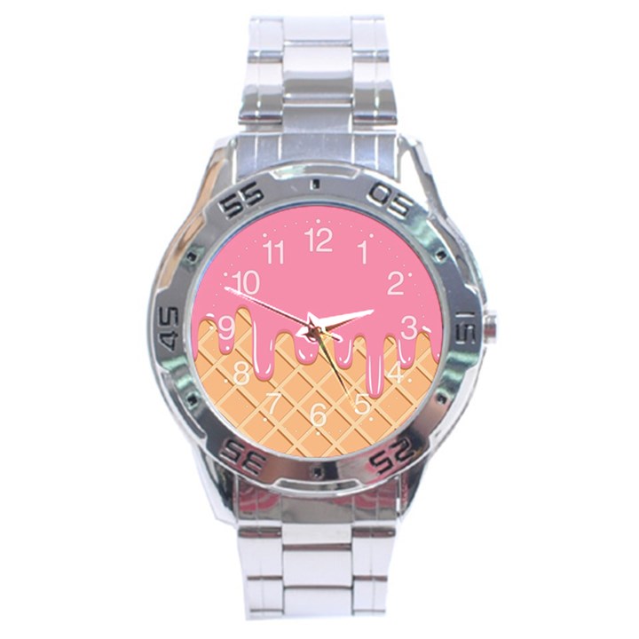 Ice Cream Pink melting background with beige cone Stainless Steel Analogue Watch