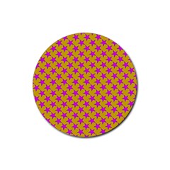 Pink Stars Pattern On Yellow Rubber Coaster (round)  by BrightVibesDesign