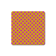 Pink Stars Pattern On Yellow Square Magnet by BrightVibesDesign