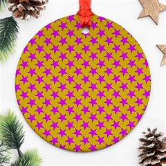 Pink Stars Pattern On Yellow Round Ornament (two Sides) by BrightVibesDesign