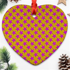 Pink Stars Pattern On Yellow Heart Ornament (two Sides) by BrightVibesDesign