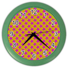 Pink Stars Pattern On Yellow Color Wall Clock by BrightVibesDesign