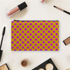 Pink Stars Pattern On Yellow Cosmetic Bag (medium) by BrightVibesDesign