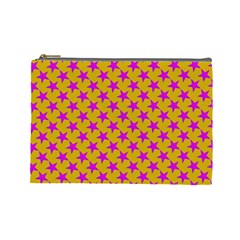 Pink Stars Pattern On Yellow Cosmetic Bag (large) by BrightVibesDesign