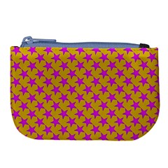 Pink Stars Pattern On Yellow Large Coin Purse by BrightVibesDesign