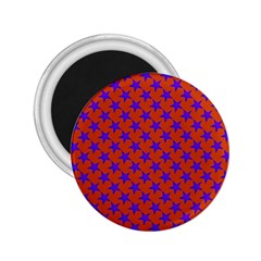 Purple Stars Pattern On Orange 2 25  Magnets by BrightVibesDesign