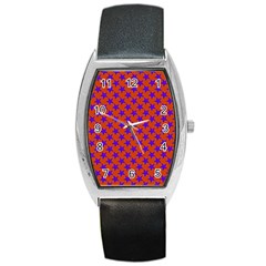 Purple Stars Pattern On Orange Barrel Style Metal Watch by BrightVibesDesign