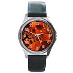 Leaf Autumn Nature Background Round Metal Watch Front