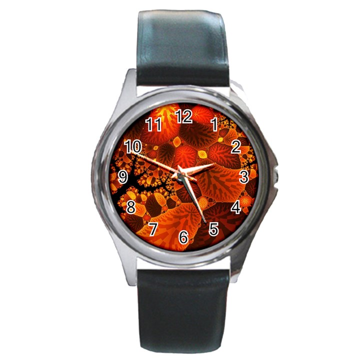 Leaf Autumn Nature Background Round Metal Watch