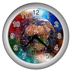 Network Earth Block Chain Globe Wall Clock (silver) by Pakrebo