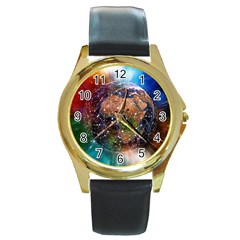 Network Earth Block Chain Globe Round Gold Metal Watch