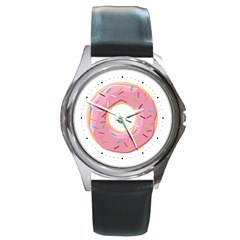 Pink Donut With Rainbow Candies Round Metal Watch by genx