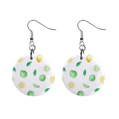 Lemon And Limes Yellow Green Watercolor Fruits With Citrus Leaves Pattern Mini Button Earrings by genx