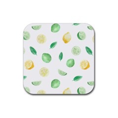 Lemon And Limes Yellow Green Watercolor Fruits With Citrus Leaves Pattern Rubber Coaster (square)  by genx