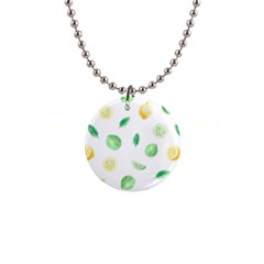 Lemon And Limes Yellow Green Watercolor Fruits With Citrus Leaves Pattern 1  Button Necklace by genx