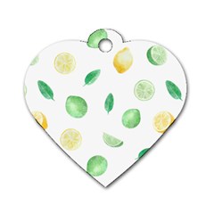 Lemon And Limes Yellow Green Watercolor Fruits With Citrus Leaves Pattern Dog Tag Heart (two Sides) by genx