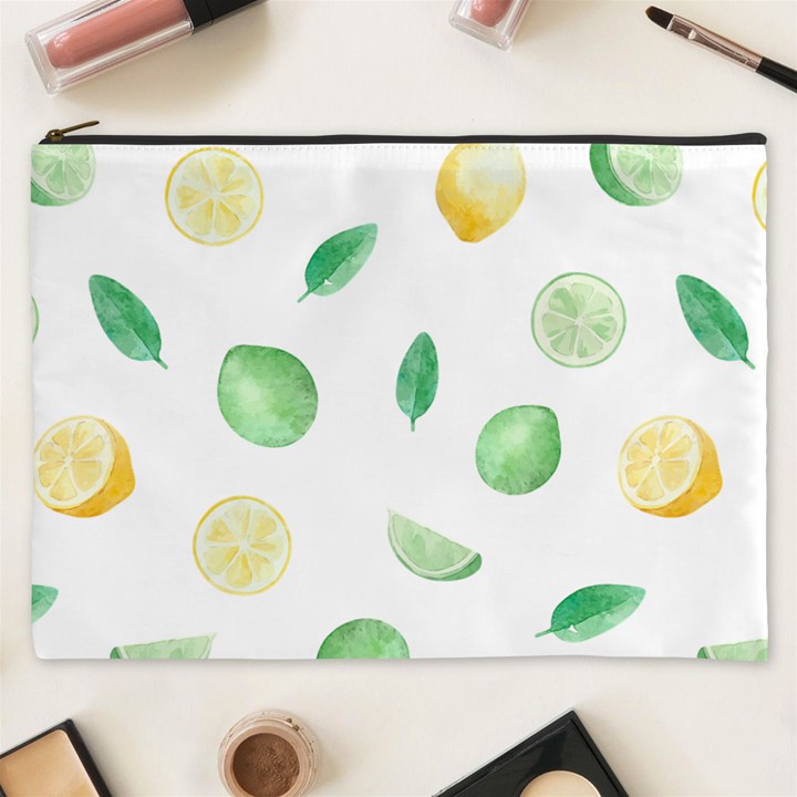 Lemon and limes yellow green watercolor fruits with citrus leaves Pattern Cosmetic Bag (XXXL)