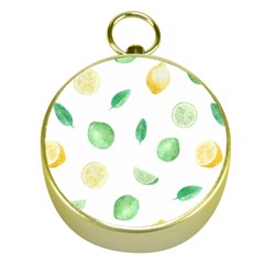 Lemon And Limes Yellow Green Watercolor Fruits With Citrus Leaves Pattern Gold Compasses by genx