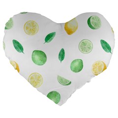 Lemon And Limes Yellow Green Watercolor Fruits With Citrus Leaves Pattern Large 19  Premium Flano Heart Shape Cushions by genx