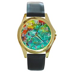 Underwater Summer Round Gold Metal Watch by arwwearableart