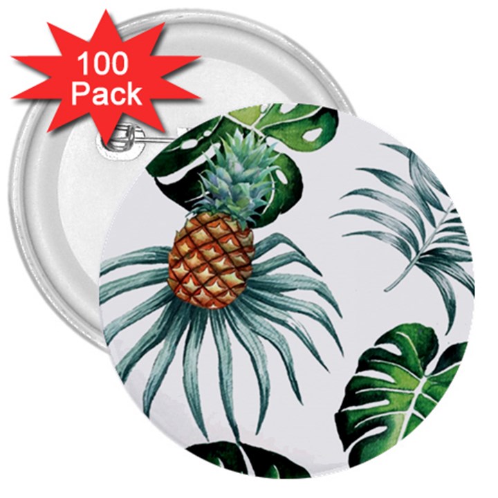 Pineapple Tropical Jungle Giant Green Leaf Watercolor Pattern 3  Buttons (100 pack) 