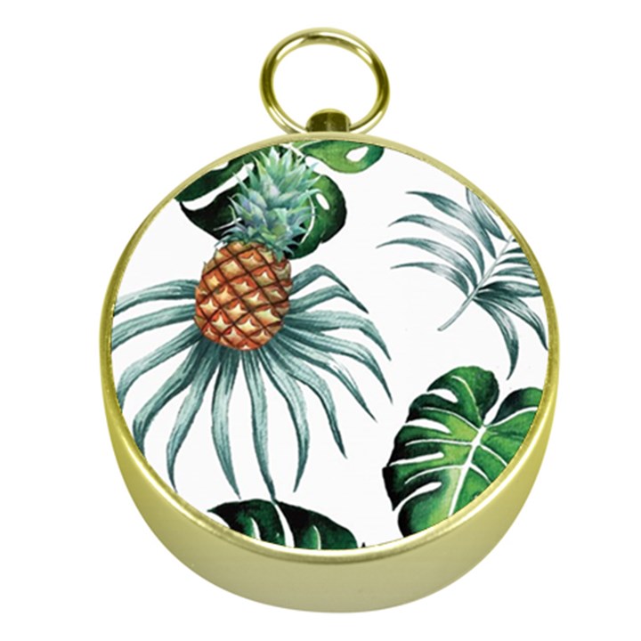 Pineapple Tropical Jungle Giant Green Leaf Watercolor Pattern Gold Compasses