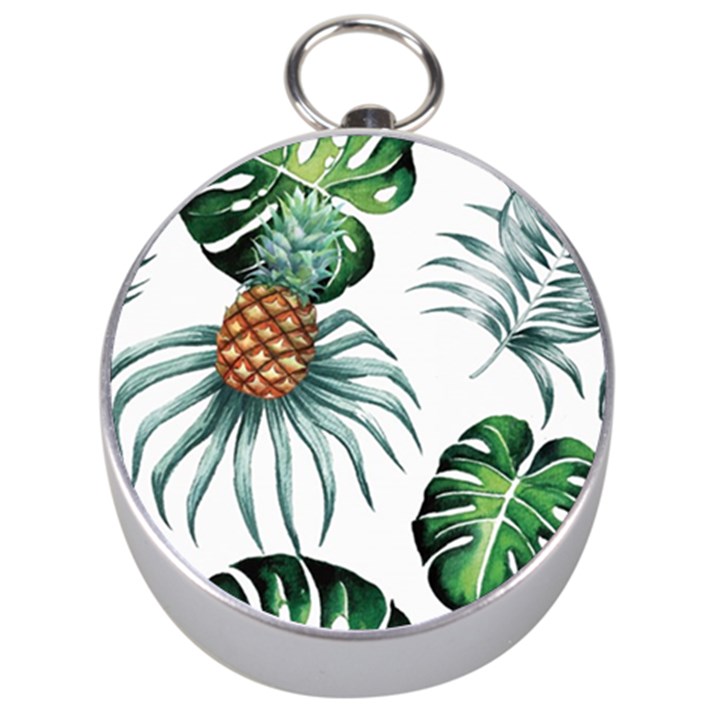 Pineapple Tropical Jungle Giant Green Leaf Watercolor Pattern Silver Compasses