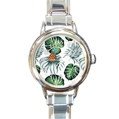 Pineapple Tropical Jungle Giant Green Leaf Watercolor Pattern Round Italian Charm Watch by genx