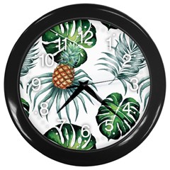 Pineapple Tropical Jungle Giant Green Leaf Watercolor Pattern Wall Clock (black) by genx