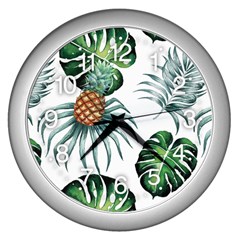 Pineapple Tropical Jungle Giant Green Leaf Watercolor Pattern Wall Clock (silver) by genx