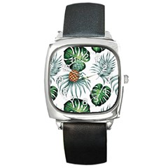 Pineapple Tropical Jungle Giant Green Leaf Watercolor Pattern Square Metal Watch by genx