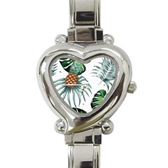 Pineapple Tropical Jungle Giant Green Leaf Watercolor Pattern Heart Italian Charm Watch by genx