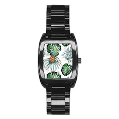 Pineapple Tropical Jungle Giant Green Leaf Watercolor Pattern Stainless Steel Barrel Watch by genx