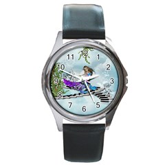 Cute Fairy Dancing On A Piano Round Metal Watch by FantasyWorld7