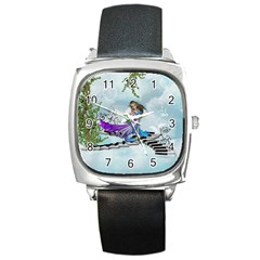 Cute Fairy Dancing On A Piano Square Metal Watch by FantasyWorld7