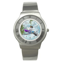 Cute Fairy Dancing On A Piano Stainless Steel Watch by FantasyWorld7