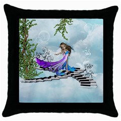 Cute Fairy Dancing On A Piano Throw Pillow Case (black) by FantasyWorld7