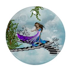 Cute Fairy Dancing On A Piano Round Ornament (two Sides) by FantasyWorld7