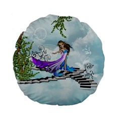 Cute Fairy Dancing On A Piano Standard 15  Premium Flano Round Cushions by FantasyWorld7