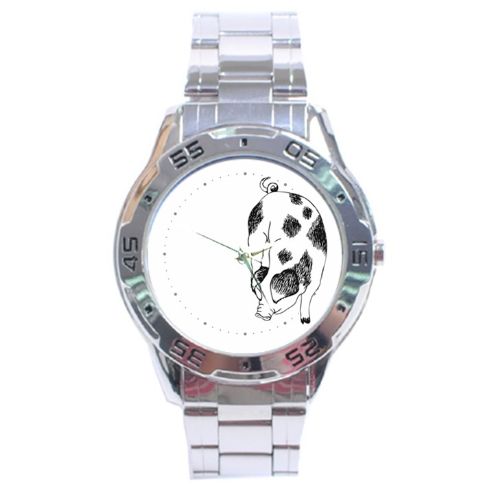 Pig sniffing Hand drawn with funny cow spots Black And White Stainless Steel Analogue Watch