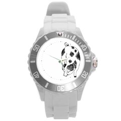 Pig Sniffing Hand Drawn With Funny Cow Spots Black And White Round Plastic Sport Watch (l) by genx