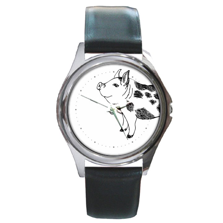 Pig smiling head up Hand drawn with funny cow spots Black And White Round Metal Watch