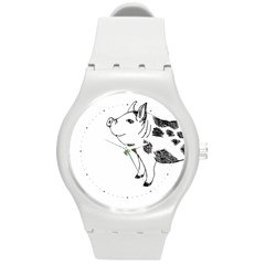 Pig Smiling Head Up Hand Drawn With Funny Cow Spots Black And White Round Plastic Sport Watch (m) by genx