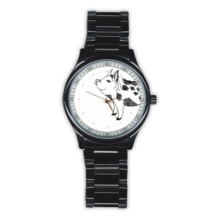 Pig smiling head up Hand drawn with funny cow spots Black And White Stainless Steel Round Watch