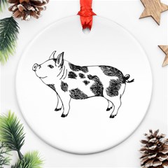 Pig Smiling Head Up Hand Drawn With Funny Cow Spots Black And White Round Ornament (two Sides) by genx