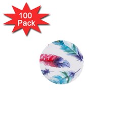 Feathers Boho Style Purple Red And Blue Watercolor 1  Mini Buttons (100 Pack)  by genx